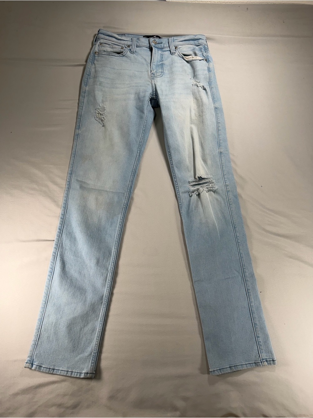 Hollister Mens Slim Straight Distressed Jeans 30x34 Light Blue Wash #1076